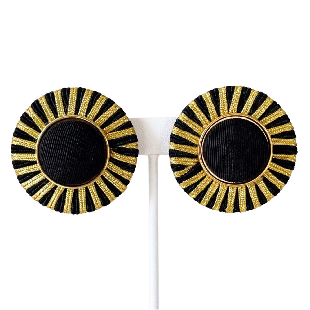 Vintage handmade black and gold cloth button earrings